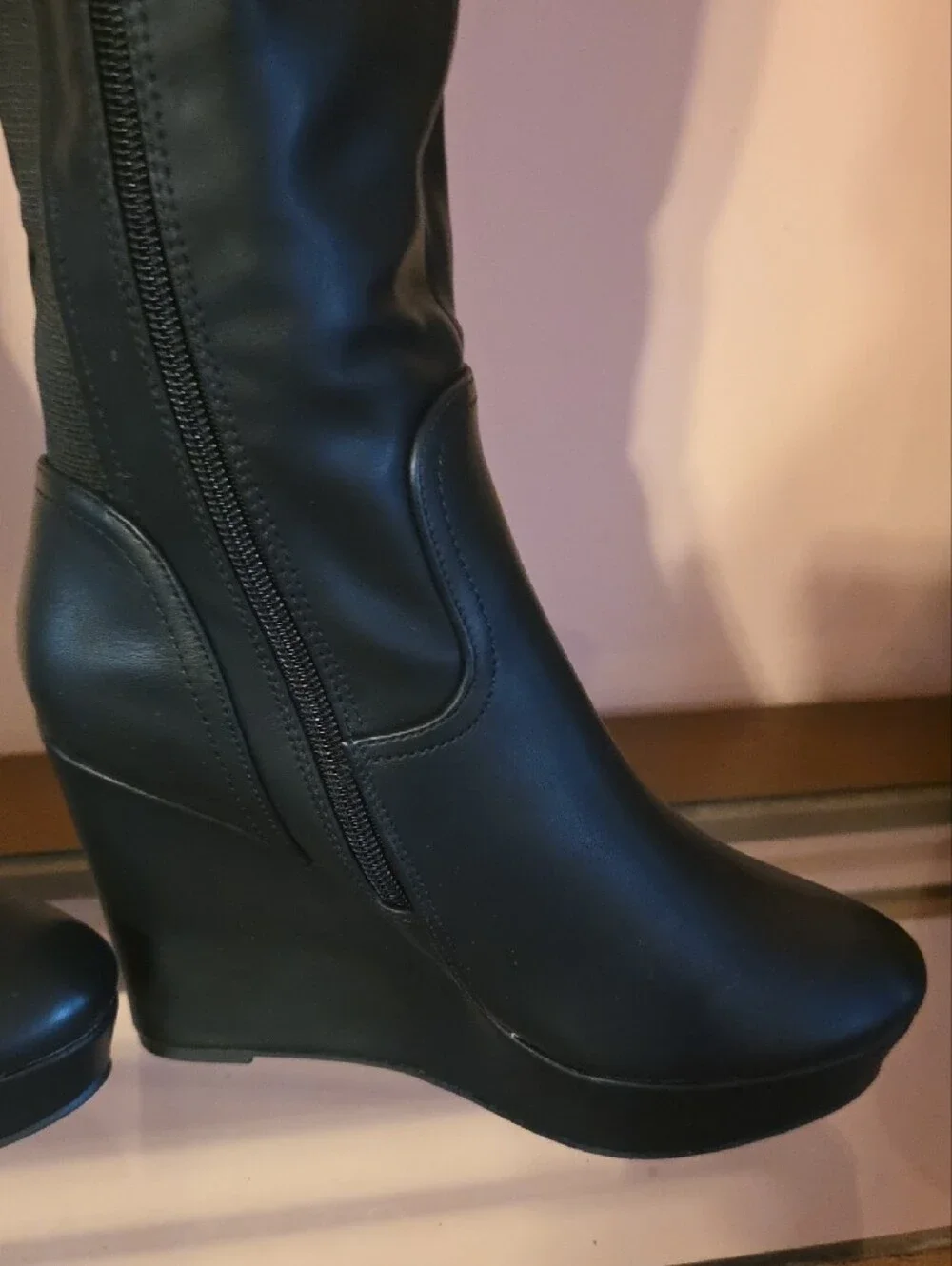 Classic Black Wedge Knee-High Boots - Women's Stylish Riding Boot